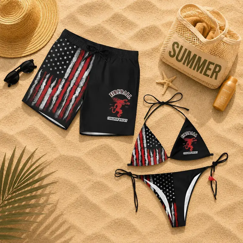 Matching Couples Fireball Whiskey American Flag Swimwear Set, Patriotic Drinking Pattern Graphics, Adjustable Women's Tie-Side Thong Bikini & Men's Hawaiian Beach Swim Shorts for Summer Vacation NT14