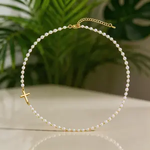 Women's Elegant Dainty Short Gold Chain-Link Pearl Cross Necklace, Female Christian Faith Costume Jewelry, Daily Everyday Wear Accessory Gift
