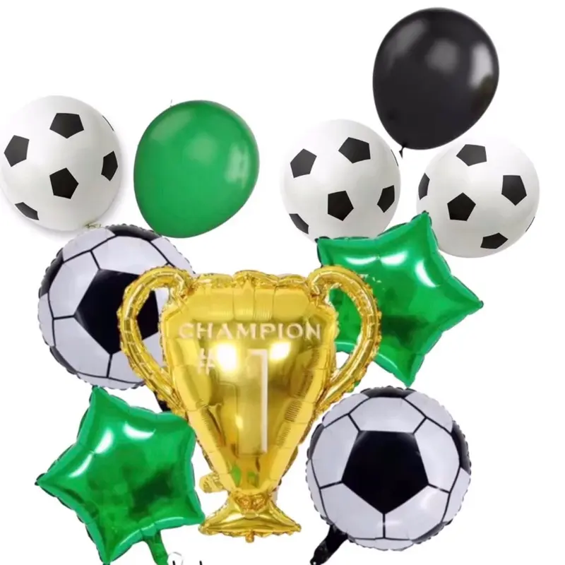 Soccer Balloons Set with Champion Trophy and Green Stars Perfect for Sports Parties and Celebrations