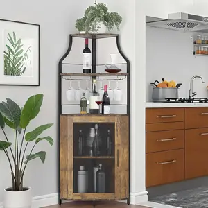 Corner Wine Bar Cabinet with Glass Holder, Detachable Cabinet Wine Rack with Glass Holder, Small Sideboard, and Buffet Cabinet with Mesh Door Design