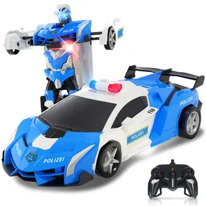 Automatic Deformation Robot Car Toy One-Button Car-to-Robot Transformation, 2.4GHz 1:18 Scale，360° Rotation，Rechargeable, with Eye& Underbody Lights, Battery-Powered Transformer Car & Kids' Police Car Toy, Perfect Birthday Gift