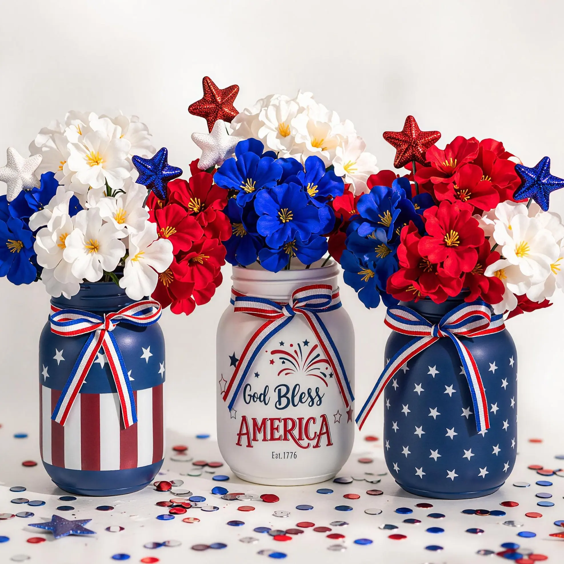 4th of July Patriotic Vases: 3Pcs Red White Blue Glass Vases with Artificial Flowers and Star Picks for Decor Home Table Centerpieces Mason Jars for Independence Day DIY Decorations