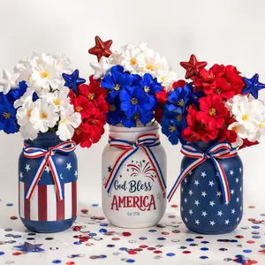 4th of July Patriotic Vases: 3Pcs Red White Blue Glass Vases with Artificial Flowers and Star Picks for Decor Home Table Centerpieces Mason Jars for Independence Day DIY Decorations