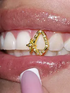 1pc 18K Gold Plated Star Waterdrop Teardrop Grillz with Cubic Zirconia, Fashion Trendy Y2K Hip-Hop Statement Tooth Jewelry for Black Women, Girls & Men. Sparkling CZ Accents & Unique Star Design. Perfect for Parties, Halloween, Cosplay & Gifts, Accessory