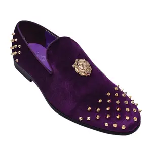 Purple Velvet Loafers with Gold Spikes – Luxury Prom & Formal Shoes