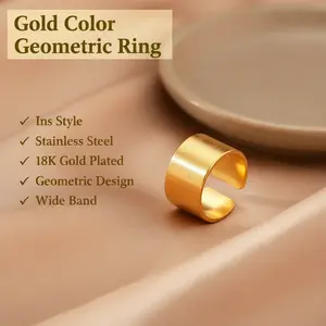 Ins Style Stainless Steel Geometric Open Ring for Women |   18K Gold Plated Wide Band |   Trendy Elegant Fashion Jewelry