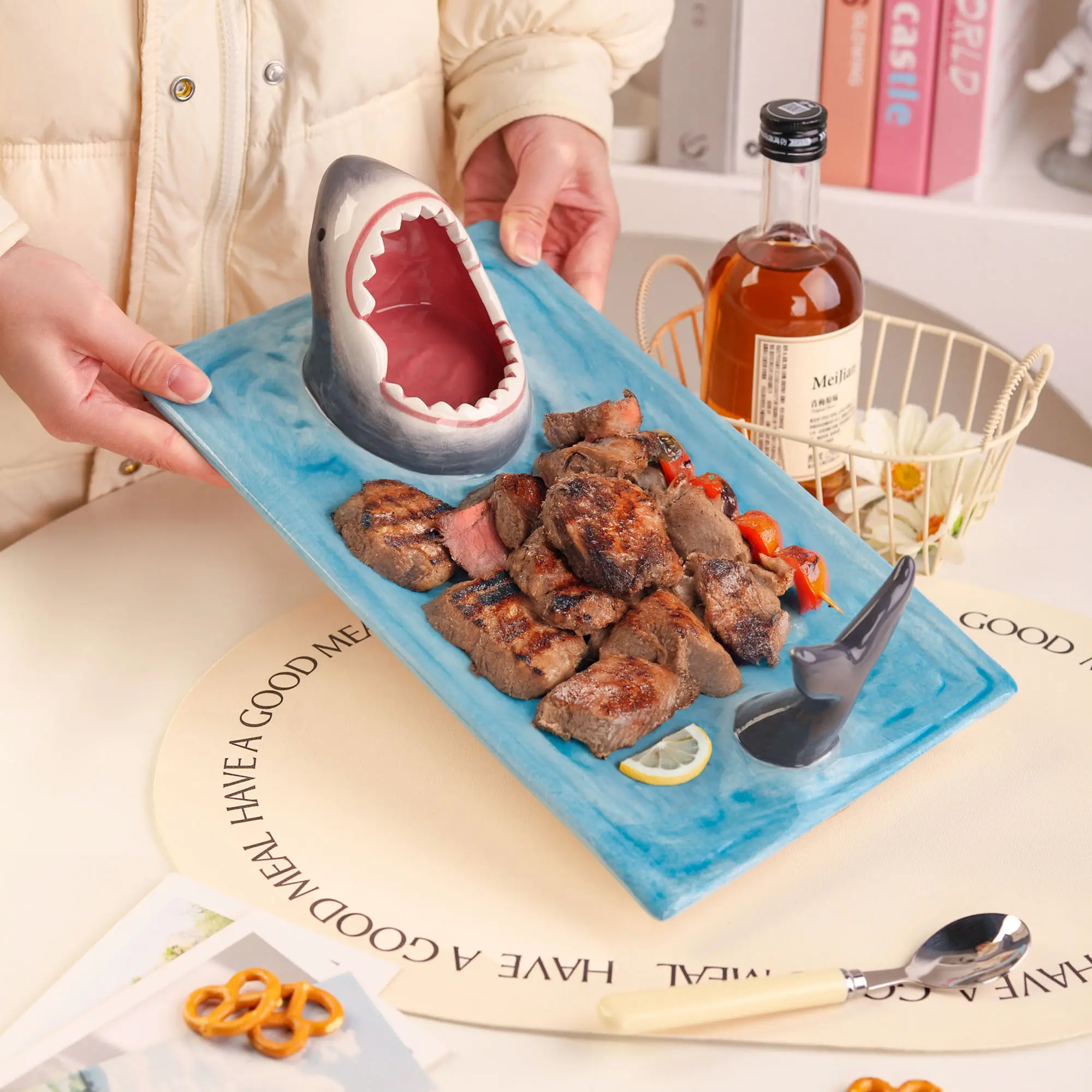 Light Blue Ceramic Shark Plate, Shark Sushi Plates, Funny Handmade Kitchen Salad Plates with Dipping Sauce Bowl, Microwave/Oven/Dishwasher Safe Plates, Holiday Birthday Gifts for Shark Party Lovers
