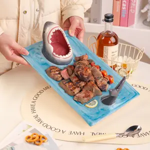 Light Blue Ceramic Shark Plate, Shark Sushi Plates, Funny Handmade Kitchen Salad Plates with Dipping Sauce Bowl, Microwave/Oven/Dishwasher Safe Plates, Holiday Birthday Gifts for Shark Party Lovers