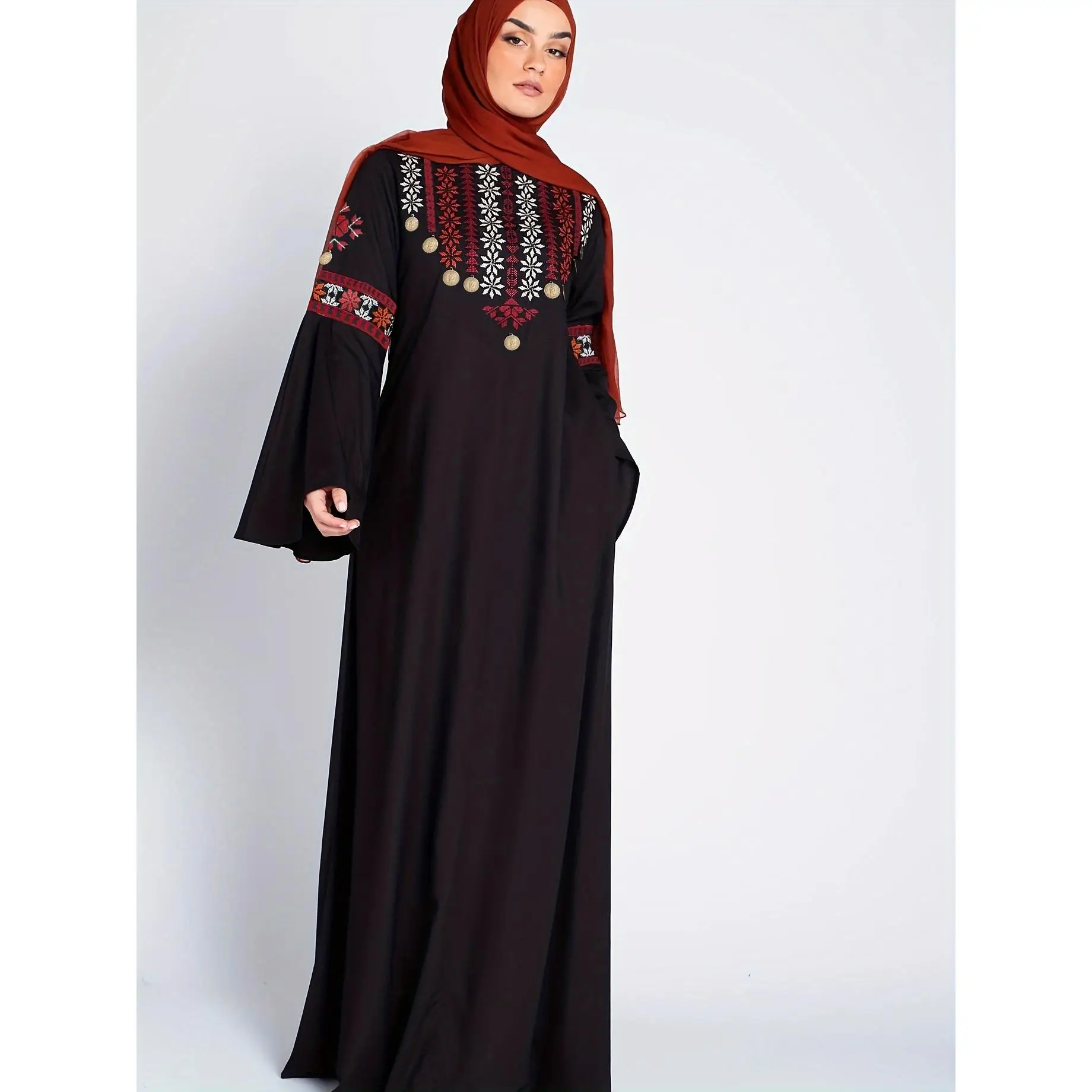 100% polyester elegant embroidered kaftan dress for women-crew neck long sleeve maxi length-woven fall/winter clothing Black Caftan Modesty