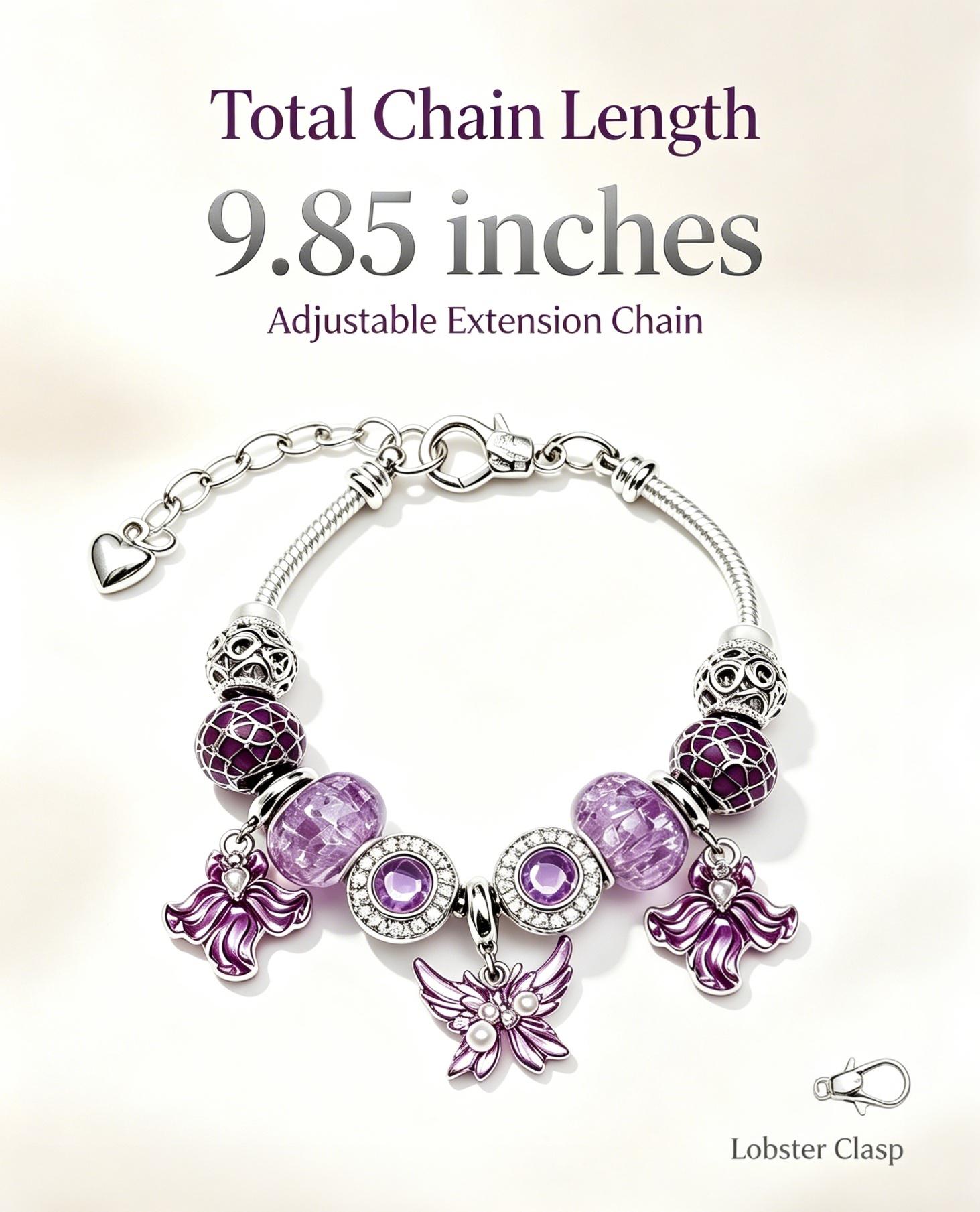 Purple Butterfly Angel Charm Snake Chain Bracelet, 9.85 Inches Adjustable Extension Chain Beaded Bracelet with Purple Crystal Beads, Fashion Jewelry Gift for Women Teen Girls