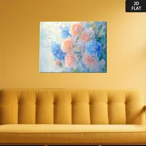 2D Flat, Pink Roses & Blue Hydrangeas Framed Canvas Wall Art - Soft Pastel Floral Painting with Wrap-Around Wood Frame, Modern Minimalist Bouquet Print for Living Room, Bedroom, Office Decor - Elegant Home Decoration Gift Idea	