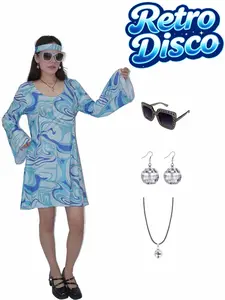 6 Piece Set Women's 70s Retro Disco Dress, Vintage Hippie Blue Dress, Includes Headband, Glasses, Earrings, Necklace, Halloween Costume