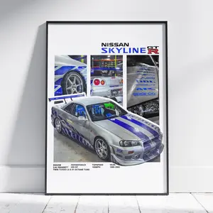 Paul Walker Nissan GT-R R34 Wall Poster - High-Quality Standard Print on Premium Luster Photo Paper, Easy to Hang, Durable 110 gsm