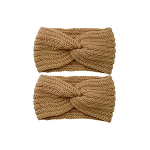 2 pcs Women's Knitted Headbands with Bow｜Thickened Thermal Ear Warmer Headwrap, Pure Color Minimalist Sweet Style, Stretchy & Durable, Perfect for Yoga, Gym, Makeup & Bestie Gifts, Camel