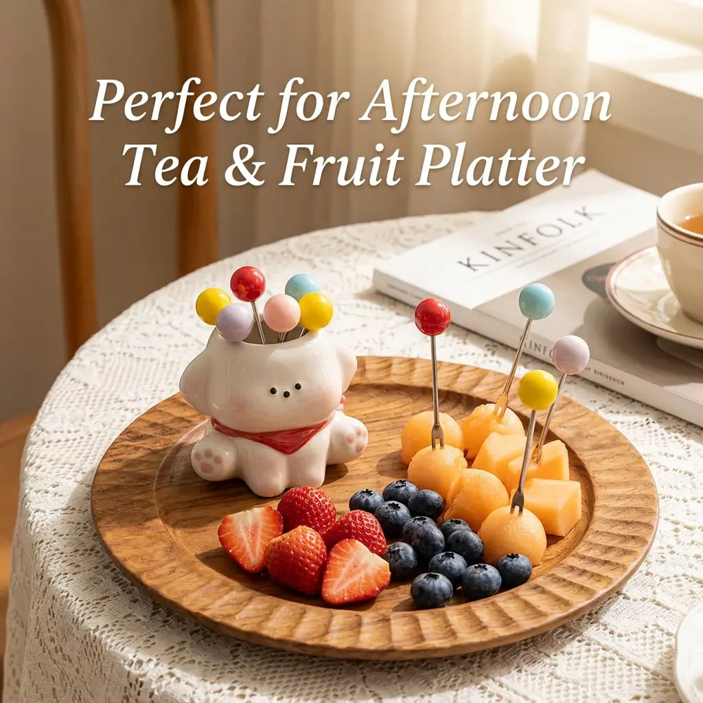 Glossy White Puppy Shape 6-Piece Ceramic Fruit Fork Set with Colorful Stainless Steel Cutlery, 9.5cm, Easy-Clean Compact Organiser for Afternoon Tea Desserts & Gifting to Friends, Kitchen Table Top Storage Decor, Fruit Forks