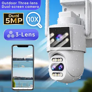 【JOOAN 2K Triple Lens Dual Screen Outdoor/Indoor Security Camera】10x Optical Zoom, 360° PTZ, Waterproof, 2.4G WiFi & Bluetooth Setup with Ethernet Port, Color Night Vision, Motion Detection & Auto Tracking, Two Way Audio, Sound & Light Alarm, onvif/alexa