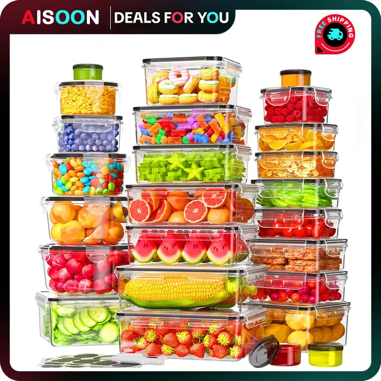 AISOON 50-Piece Plastic Kitchen Meal Prep Containers Set - 25 Multi-Size BPA-Free Airtight Stackable Leak-Proof Lunch Boxes with Lids, Kitchen Accessories, Microwave & Freezer Safe, Labels & Marker Included