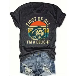 Retro squirrel print T-shirt with creative text “First of all, I’m glad”; casual retro short-sleeve top; casual street top; summer slimming T-shirt