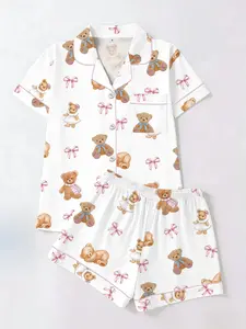 Cute Bear Bowknot Print Pajama Set, Short Sleeve T-Shirt & Shorts Cardigan Two-Piece, Casual Fitted Loungewear Homewear for All Seasons