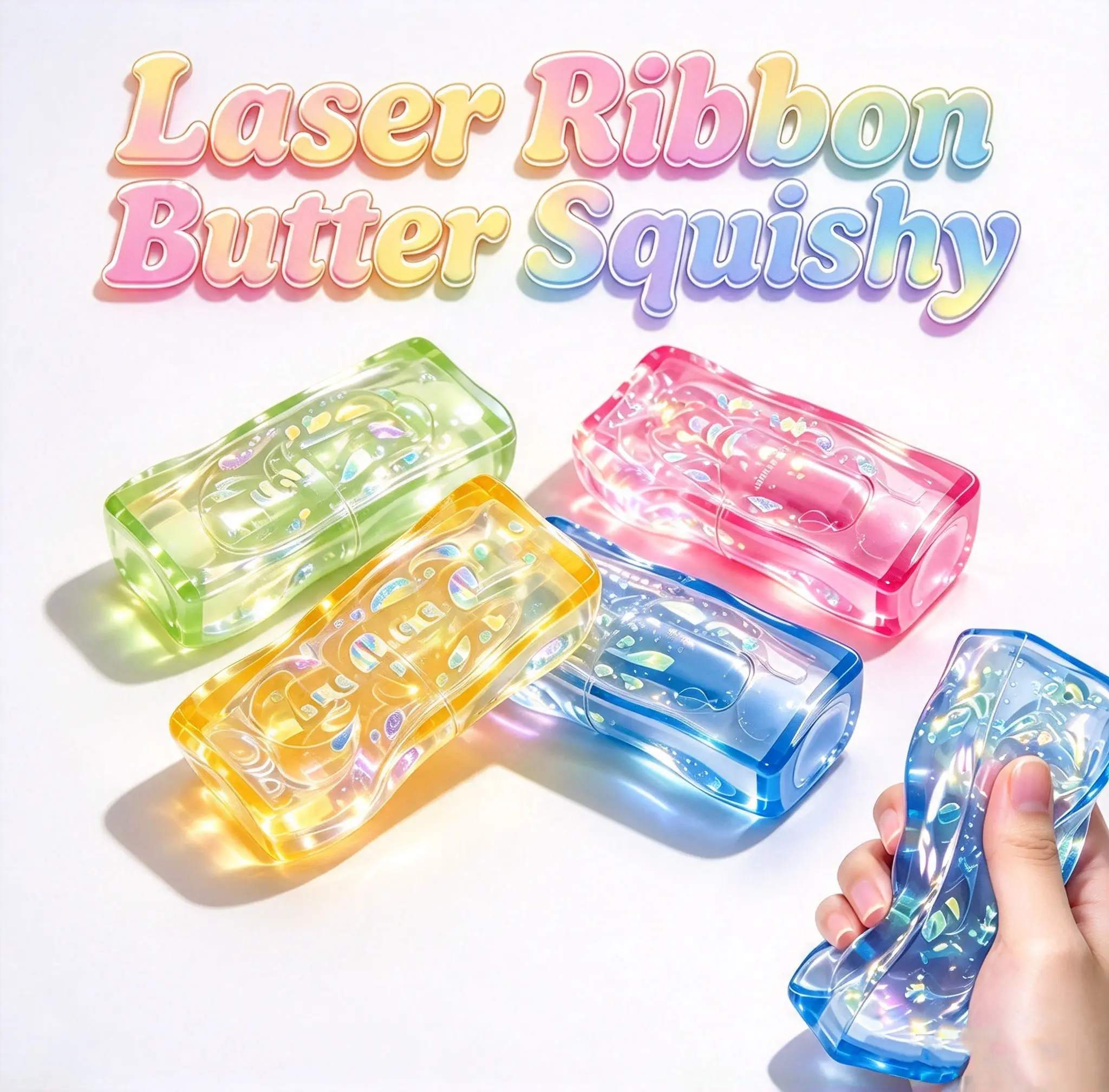 Laser Ribbon Clear Butter Squishy, Glitter Filled Non Rising Fidget Toy, Transparent Slow Rising Stress Relief Squeeze Toy, ASMR Sensory Desk Decor, Perfect Christmas Gift for Stress Anxiety Relief