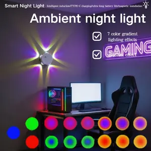 1pc Five-Head Cat Eye Night Light USB Rechargeable Motion Sensor, Touch RGB Dimmable, Wall-Mounted Desktop Cabinet, Bedroom Hallway Closet Multi-Functional Installation
