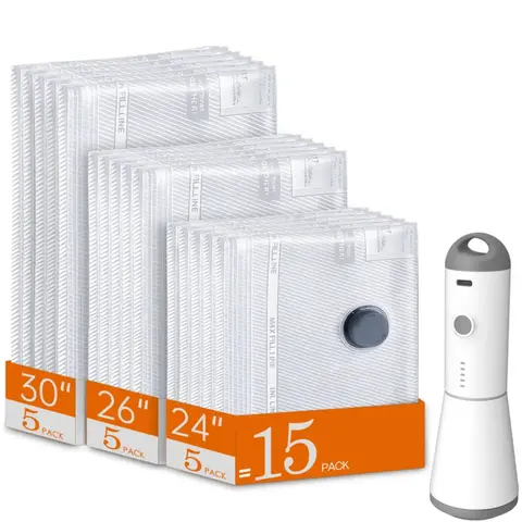 【2026 Upgraded】X7 Portable Airtight Collapsible Vacuum Seal Storage Bags Set with Rechargeable Air Pump, 15 Multi-Size Waterproof Non-Toxic Recyclable Compression Pouches, Space Saver for Luggage Clothes