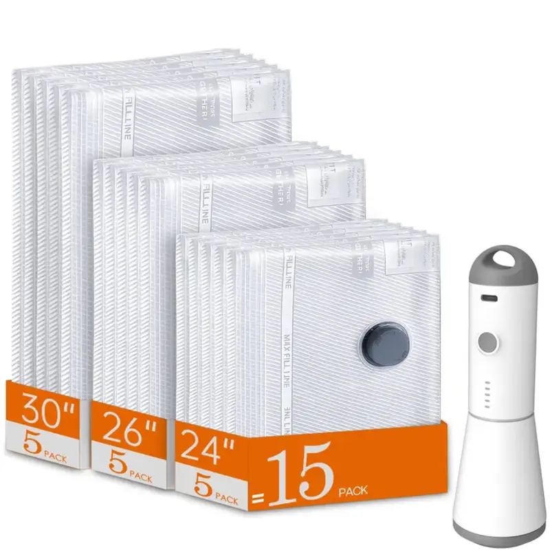 【2026 Upgraded】X7 Portable Airtight Collapsible Vacuum Seal Storage Bags Set with Rechargeable Air Pump, 15 Multi-Size Waterproof Non-Toxic Recyclable Compression Pouches, Space Saver for Luggage Clothes