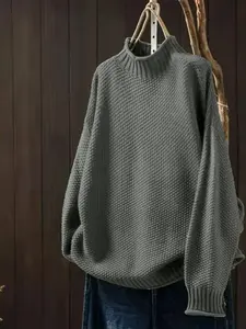Autumn Winter Half High Neck Thick Knitting Sweater, Casual Aesthetic Fashion Loose Long Sleeve Pullover Tops, Warm Knitwear for Women, Perfect for Daily Wear