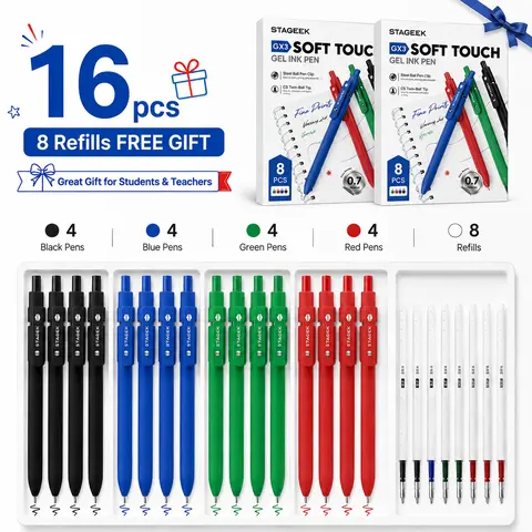 STAGEEK GX3 Series 16+8 Pack Refillable Colorful Gel Pens, Comfortable Touch Retractable 0.7mm Fine Point Quick Dry Writing Tools, Assorted & Black Refillable Ink Pens & Refills for Left-Handed Users, School & Office Supplies
