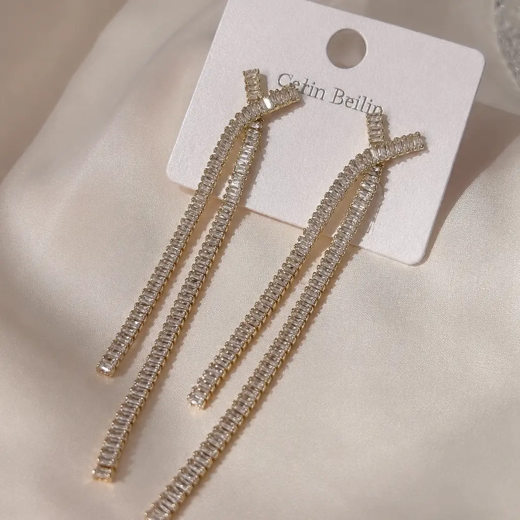 18 Karat Gold Plated Linear CZ Drop Earrings - Shine Effect, Statement Wear, Chic Look