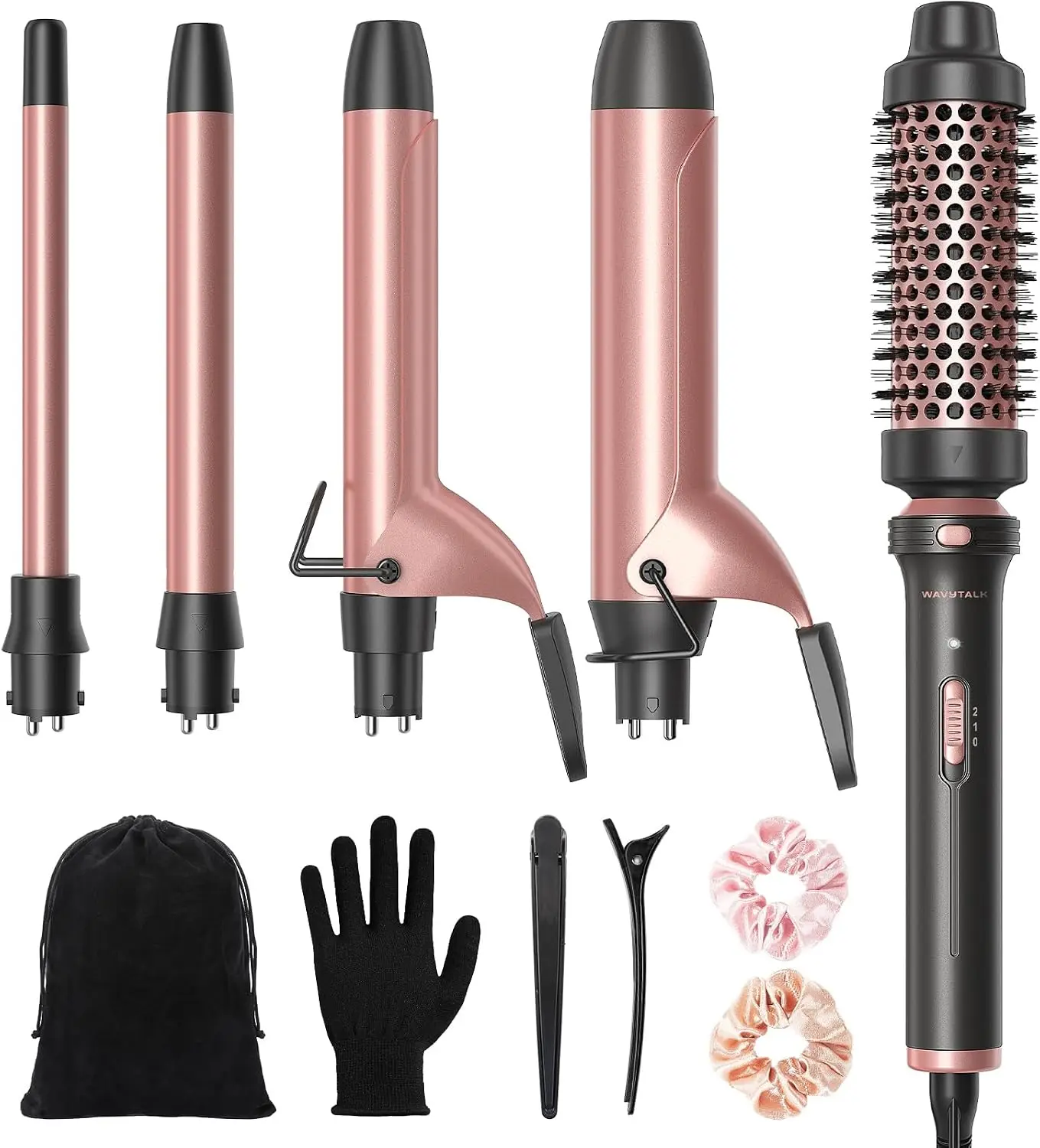 Wavytalk 5 in 1 Curling Iron Set with Heated Round Brush for Blowout Look | 4 Interchangeable Curling Iron(0.5”-1.25"), Ceramic-Coated Barrels for Smooth Glide,Less Damage,Dual Voltage Hair Curler