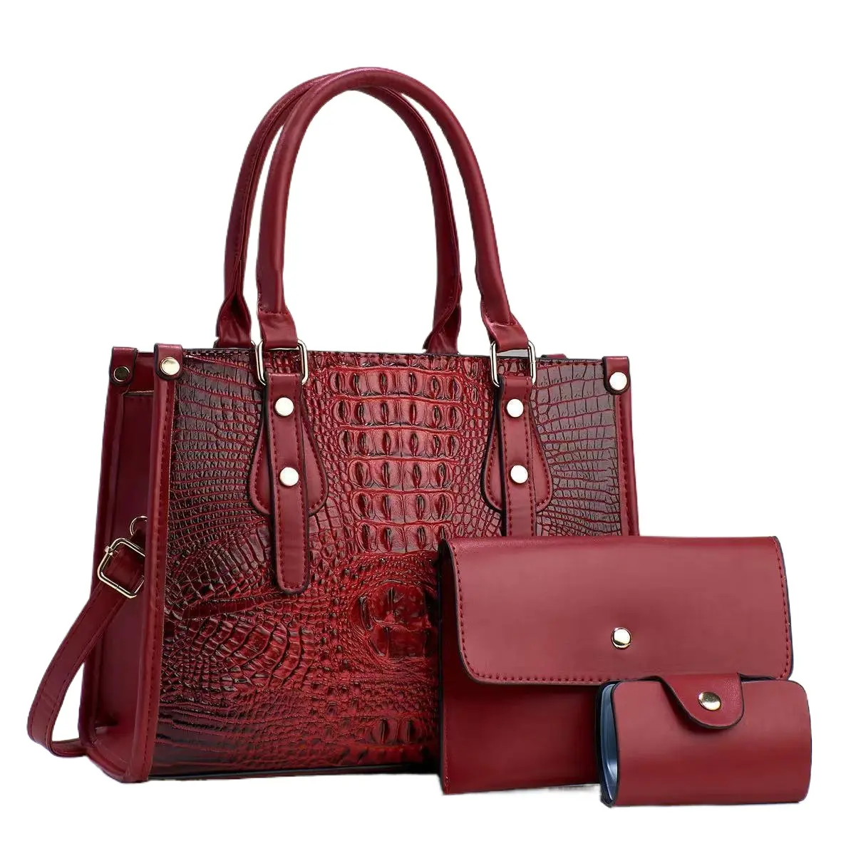 3pcs Set PU Fashion Crossbody Bag Crocodile Pattern Embossed Shoulder Bag Large Capacity Handbag High Quality Red Black Blue Light Brown Adjustable Strap Zipper Closure