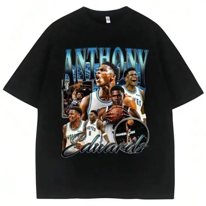 Vintage Anthony Edwards Graphic Print Acid Washed Oversized T‑Shirt, Basketball Fans Gift Tee, Heavyweight Cotton Streetwear Unisex Top For Men