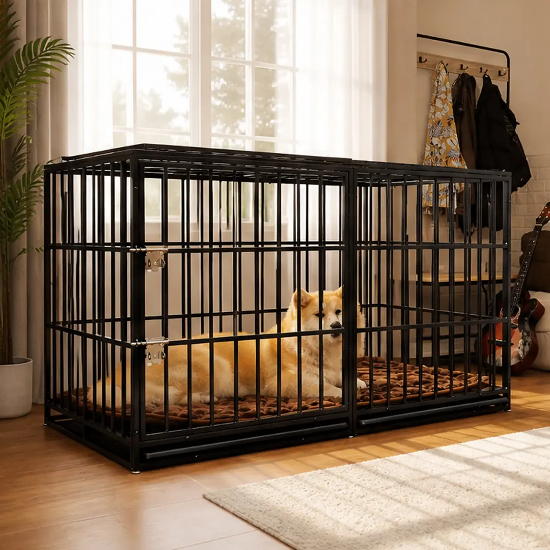 Extra Large Heavy Duty Dog Crate 61in Strong Metal Wire Kennel for Large Dogs 71-90 lbs Black Carbon Steel with Dual Locking Doors Removable Plastic Trays Indoor Outdoor Use, Black Color Options, Carbon steel Material, American Design Style