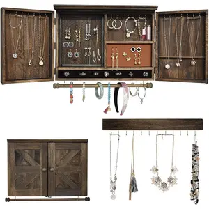 Rustic Wall Mounted  Organizer with Wooden Barndoor Decor,Wooden Wall Mount Holder, holder for Necklaces, Earings, Bracelets, Ring Holder. Includes matching hook organizer (Rustic)