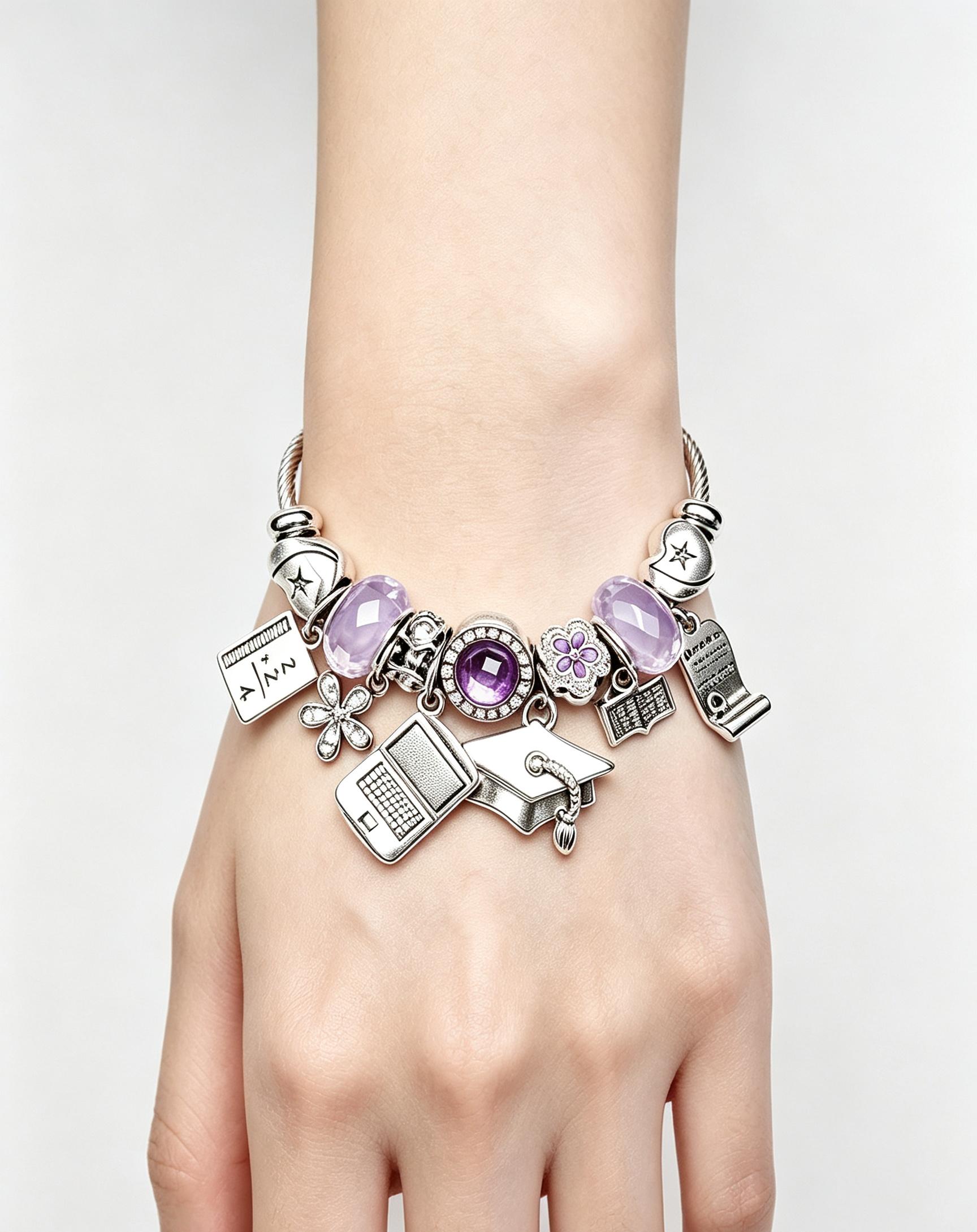 Graduation Commemorative Charm Bracelet | Twisted Rope Silver Bangle with Cap/Laptop/Book Charms (Blue/Purple Options)