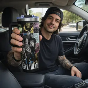 Pierce The V3il Tumbler with Handle, Band Collage Travel Mug, Emo Rock Insulated Cup, Alternative Music Fan Gift, 40oz Straw Tumbler