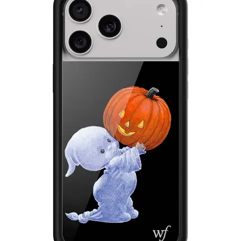 Boo | Limited Edition Trendy Collab iPhone Case | Raised Protective Black Bumper | Women Owned Small Business | Black Background White Ghost Holding Bright Orange Jack o Lantern Cute | Safety Casing Protective | Gift for Her