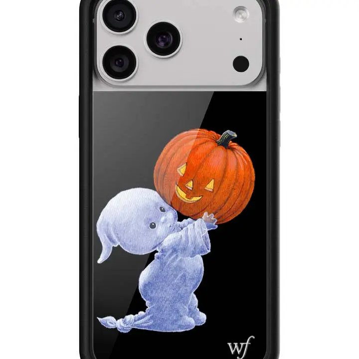 Boo | Limited Edition Trendy Collab iPhone Case | Raised Protective Black Bumper | Women Owned Small Business | Black Background White Ghost Holding Bright Orange Jack o Lantern Cute | Safety Casing Protective | Gift for Her