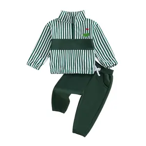 Toddler Baby Outfit Casual Loose Fit Striped Golf Embroidered Stand Collar Long Sleeve Tops and Pants 2 Pcs Set Shirt Clothes