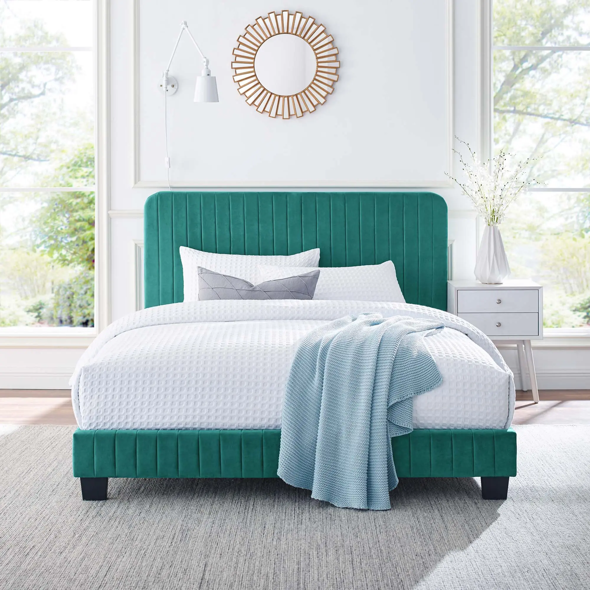 Modway Celine Tufted Upholstered Modern Platform Bed with Headboard for Bed, Channel-Tufted Performance Velvet, Twin Size, Teal