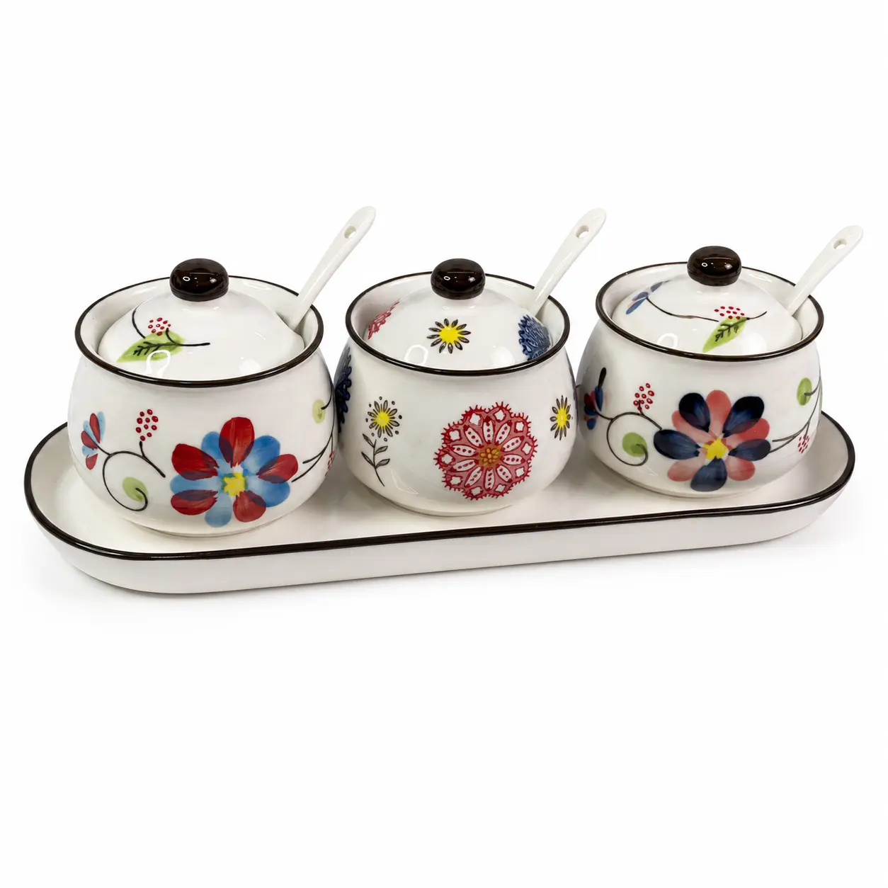 Floral Ceramic Condiment Jar Set (3-Piece) with Spoons, Lids and Tray, Kitchen Counter & Coffee Bar Sugar Seasoning Container,vintage funky kitchen supplies