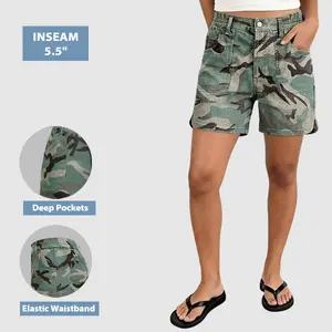 Flamingals Camo Print Split Hem Elastic High Rise Mid Thigh Shorts Womenswear Stretchy 5.5" Inseam Summer