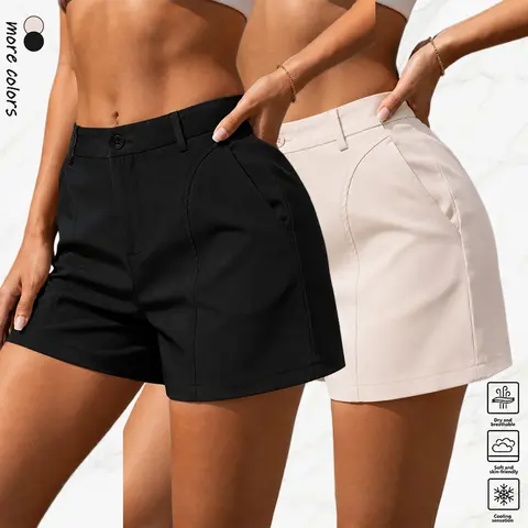 Women's Basic High-Waisted Solid-Color Straight-Leg Office Shorts - 1-Pack Fitted Elegant Above-Knee Lightweight Polyester Bottoms, Casual Chic, Suitable for Formal Summer Outfits, Shorts for Women