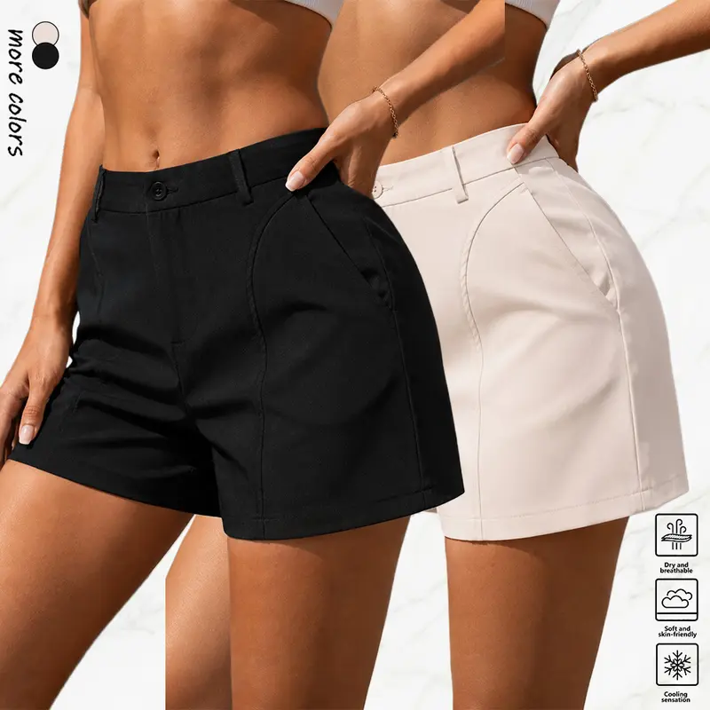 Women's Basic High-Waisted Solid-Color Straight-Leg Office Shorts - 1-Pack Fitted Elegant Above-Knee Lightweight Polyester Bottoms, Casual Chic, Suitable for Formal Summer Outfits, Shorts for Women