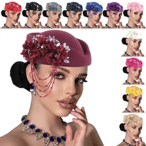 Vintage English-style women's felt turban hat, church derby style, adorned with rhinestones and tassels, soft women's beret, elegant hat, felt hat, fashionable and versatile, full of personality, windproof and multifunctional