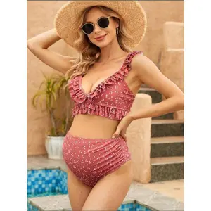 JOCASTAA Plus Size Maternity's Two Piece Swimsuit Ruffle Edge Details Spring Vacation