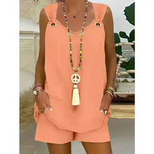 Women's 2-Piece Set Ring Detail Trendy Summer Outfit Slim Fit for Women Vacation Beachwear Solid Color Matching Set