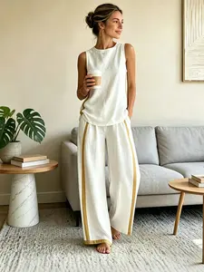 This boho one gives you:Boho Sleeveless Top + Wide Leg Pants Set, Comfy Women's Two-Piece Beach Vacation Brunch Outfit #TwoPieceSet #WideLegPants #Sleeveless #SummerOutfit #BohoFashion #OOTD #WomensFashion #CasualSet Clothes Polyester