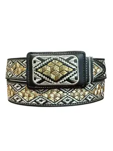 Cinto Negro Vaquero Bordado Plata Cinto Charro Men’s Black Western Embroidered Leather Belt